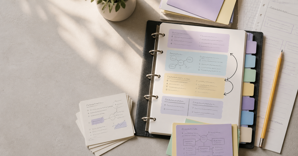 Organized study guide binder and notes