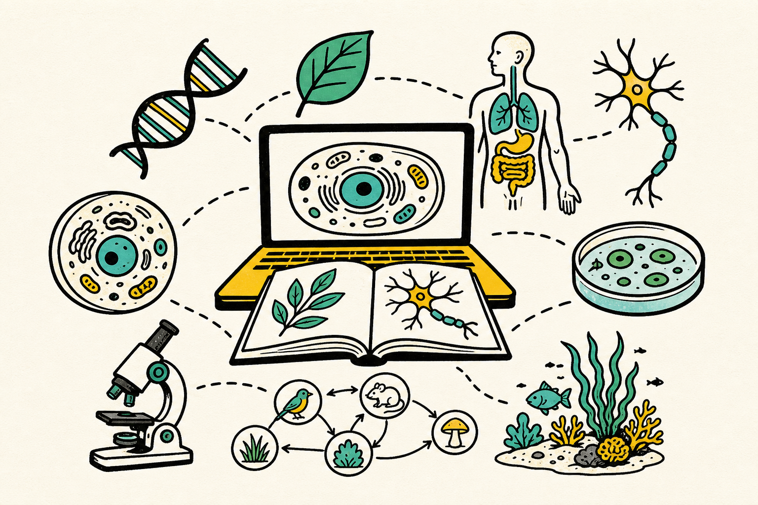 Biology study illustration connecting cells, organisms, and ecosystems