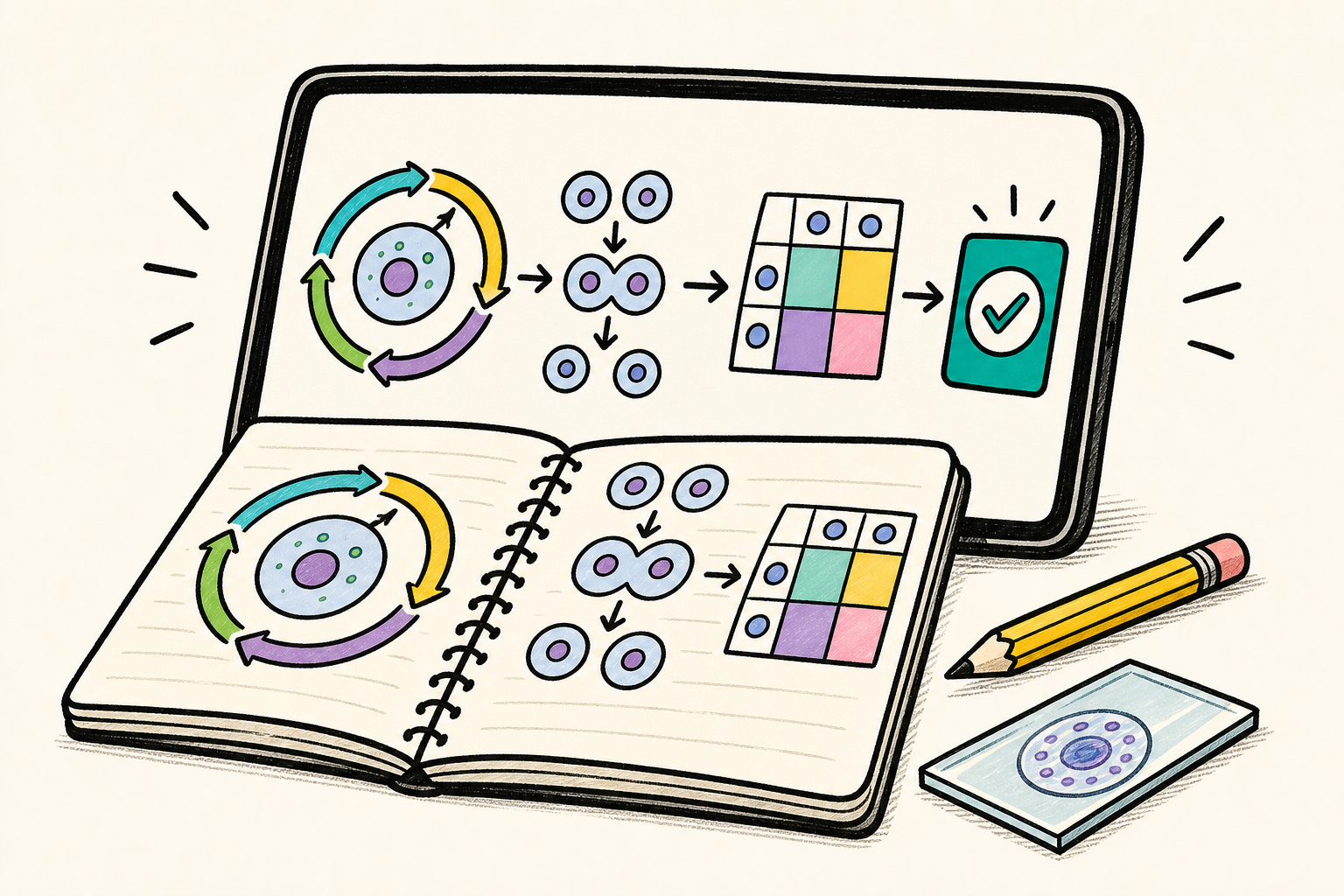 Illustrated cell-division sequence and inheritance grid beside a notebook
