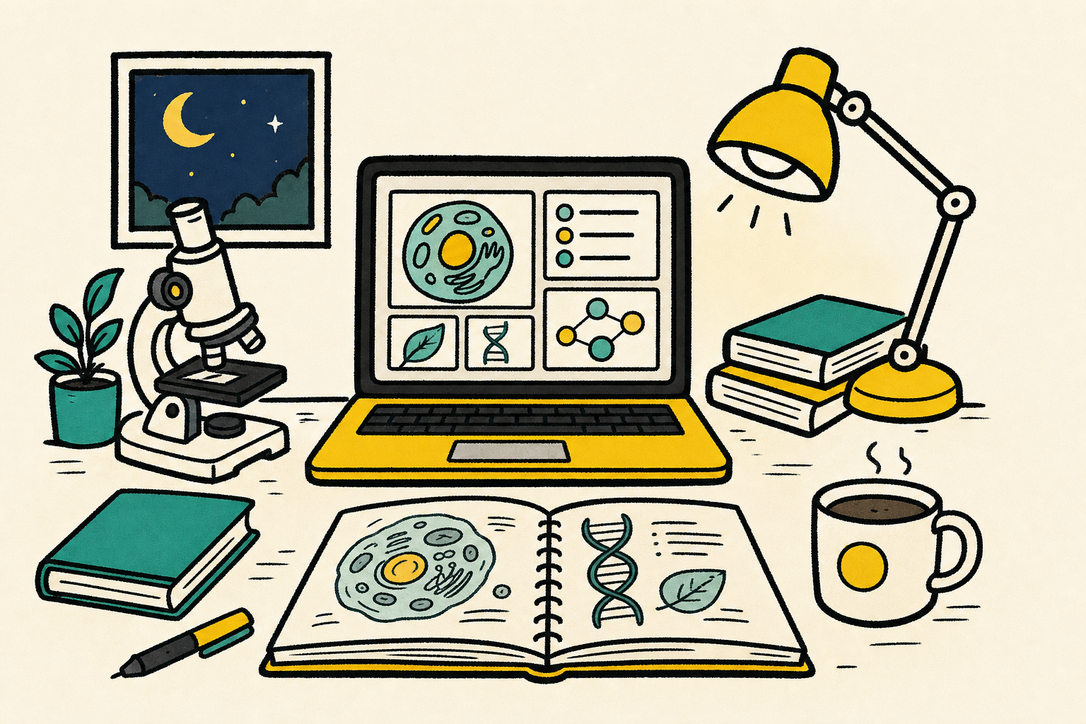Illustrated biology notebook and laptop on a lamp-lit study desk
