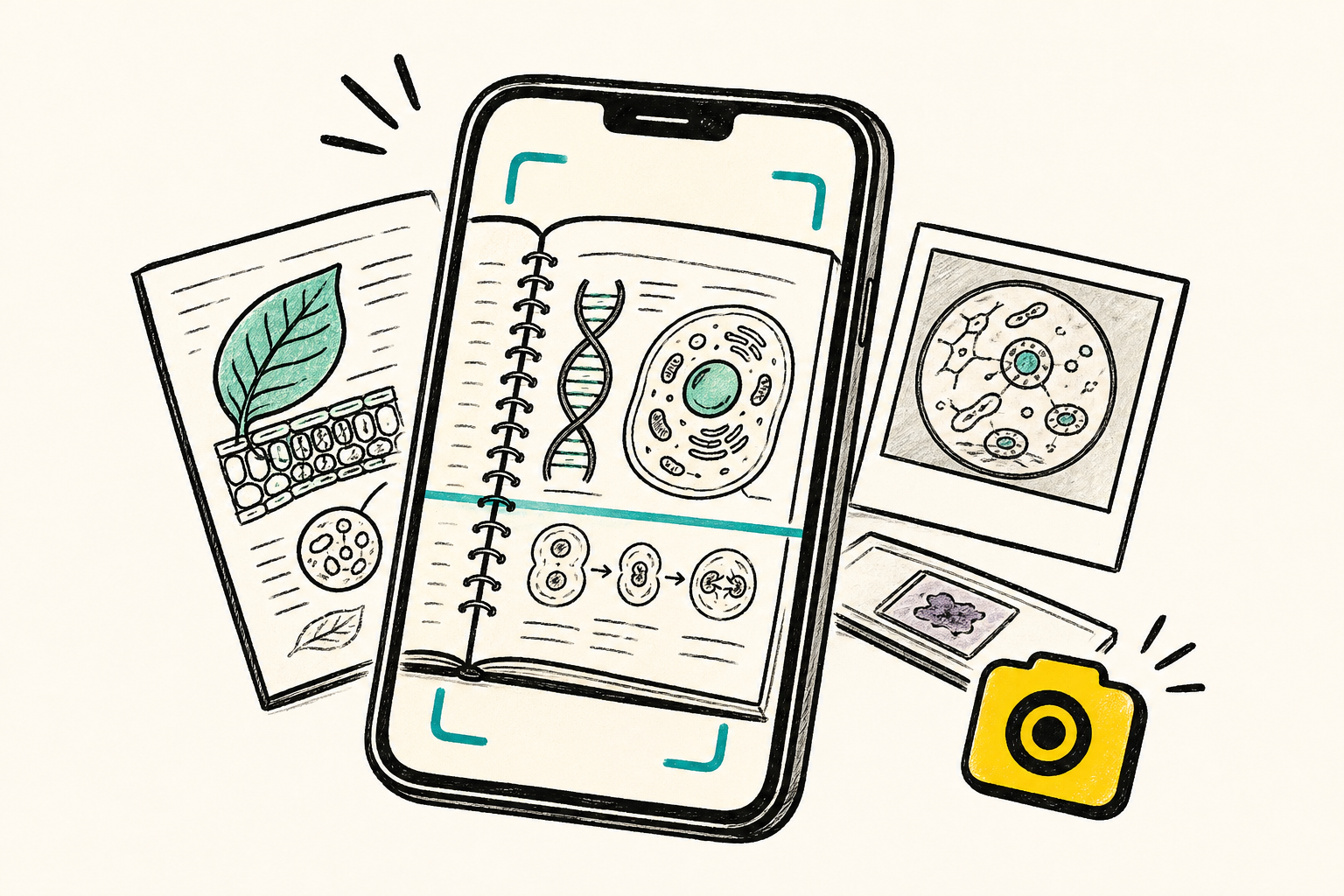 Illustrated phone framing biology notes and cell diagrams