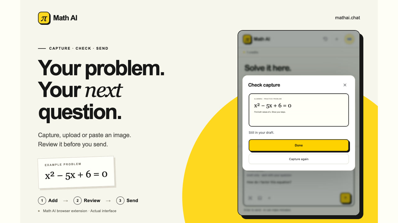 Math AI extension with a worksheet screenshot attached to a draft question before sending.
