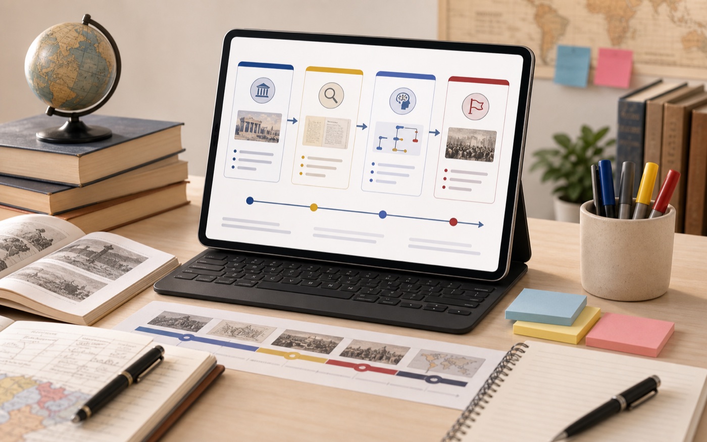 Illustrated history reasoning sequence on a tablet with printed study notes