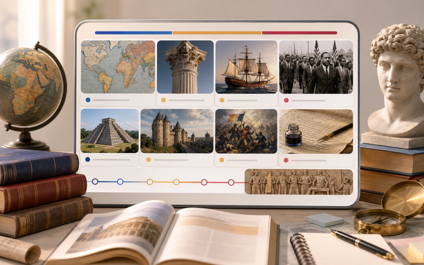 History topic collage with maps, buildings, documents, and events