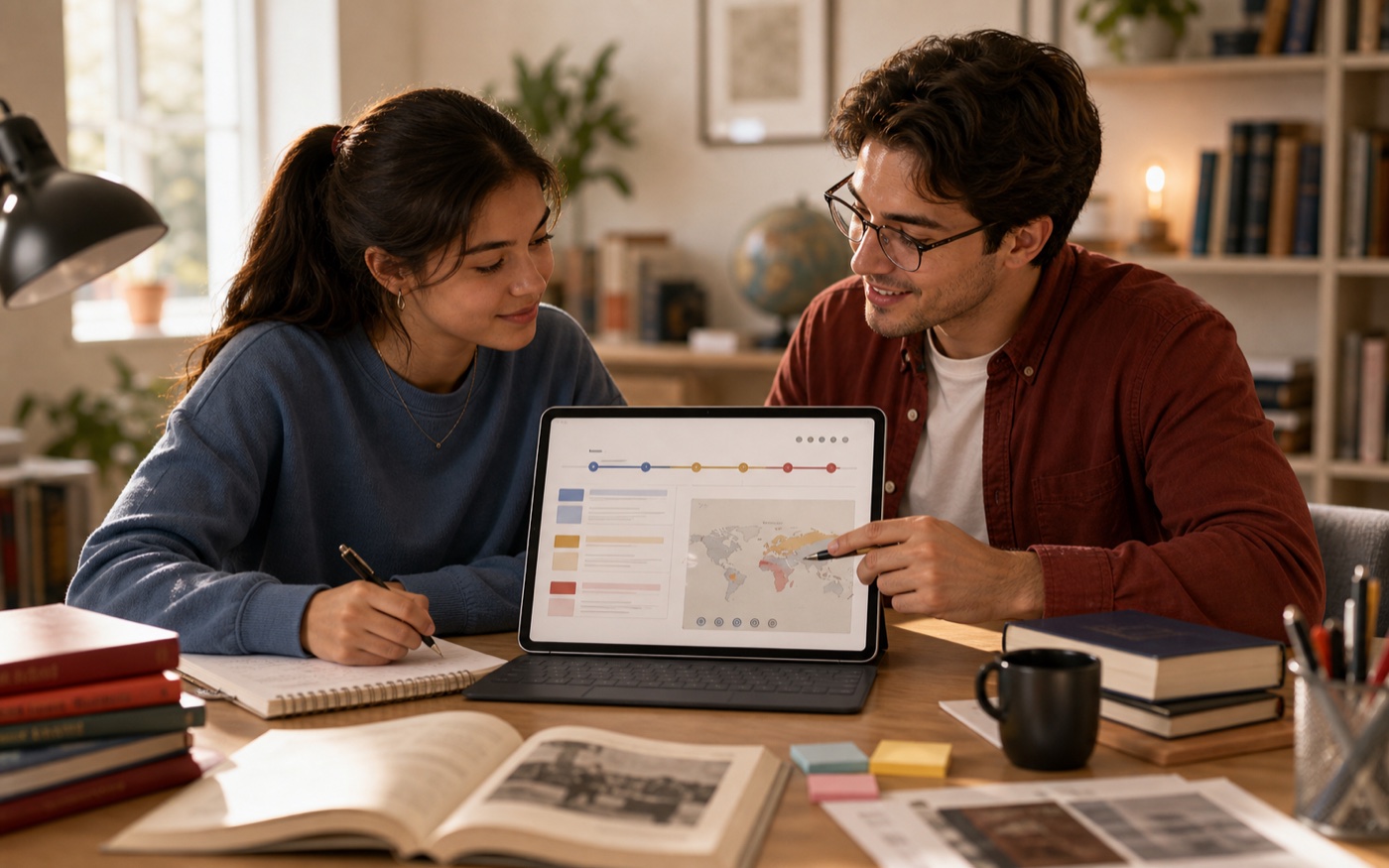Two people discussing a map and timeline on a tablet