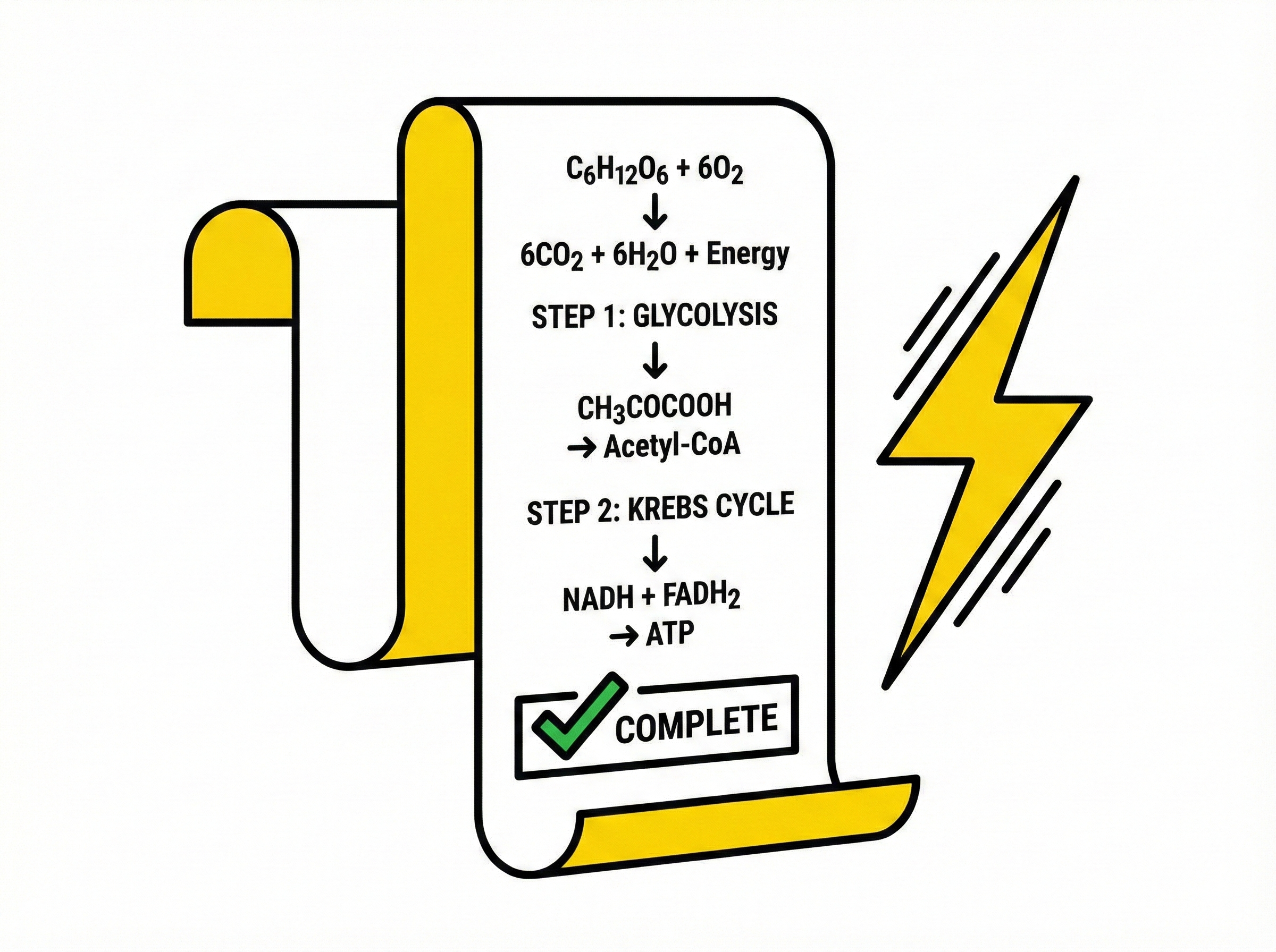 Illustrated scroll showing a cellular-respiration sequence beside a lightning bolt