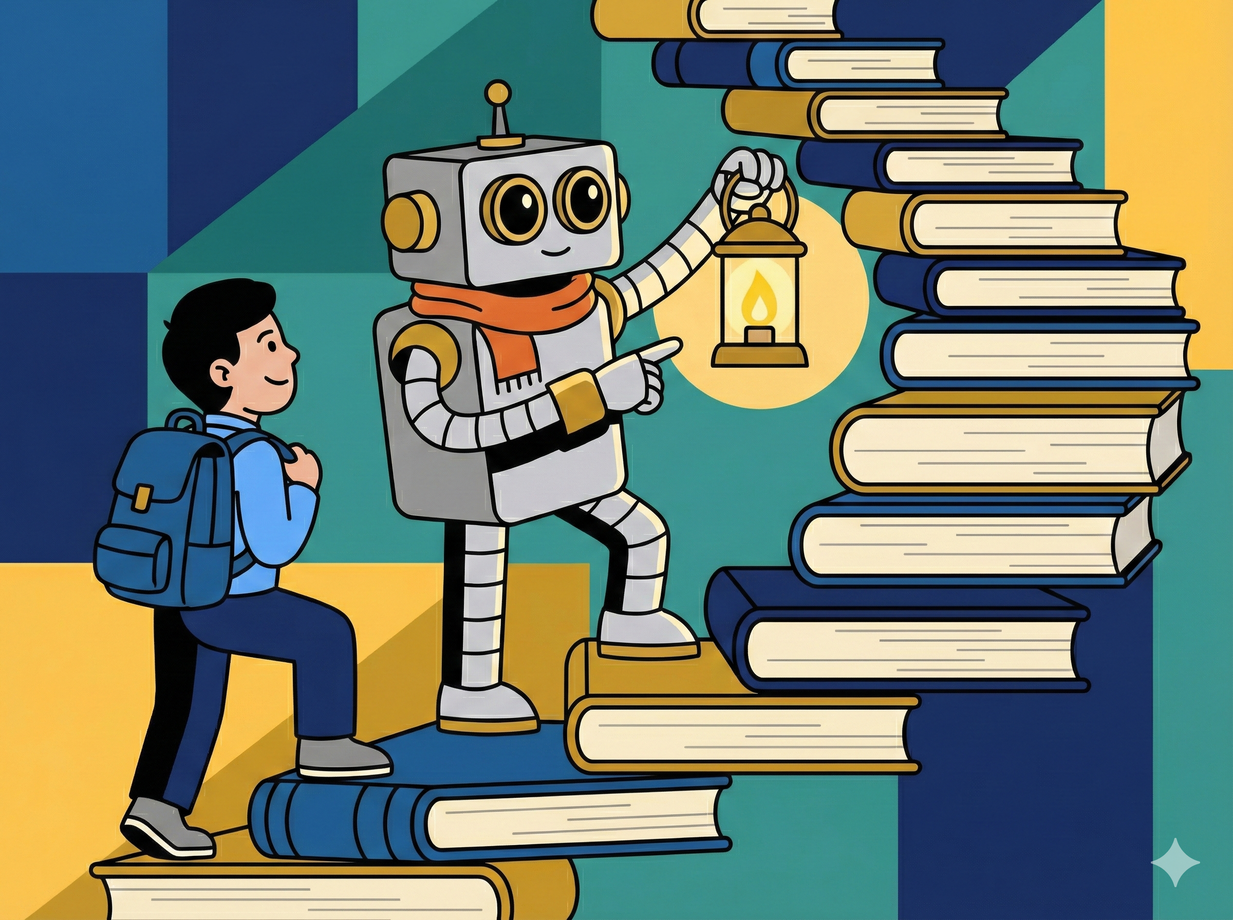 Illustrated robot and student climbing a staircase made of books